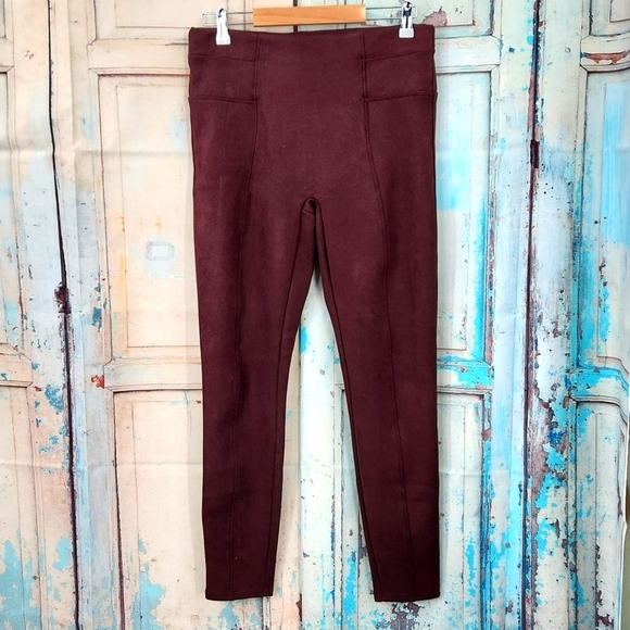 SPANX The Faux Suede High Rise Burgundy Leggings Pants - Picture 2 of 9